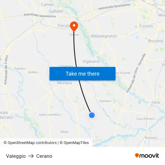 Valeggio to Cerano map