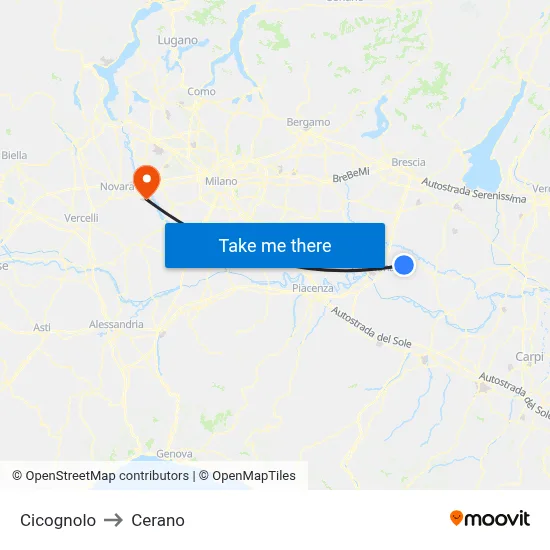 Cicognolo to Cerano map