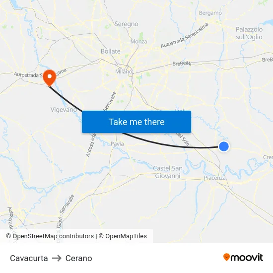 Cavacurta to Cerano map