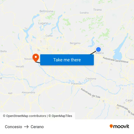 Concesio to Cerano map