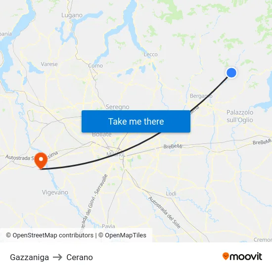 Gazzaniga to Cerano map