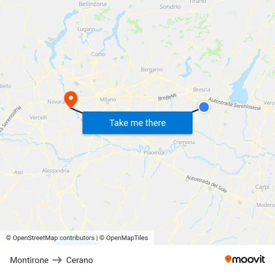 Montirone to Cerano map