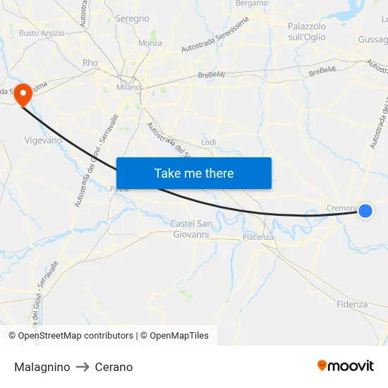Malagnino to Cerano map