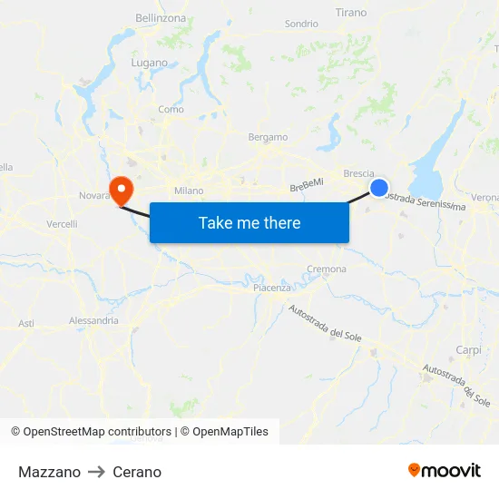 Mazzano to Cerano map