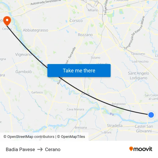 Badia Pavese to Cerano map