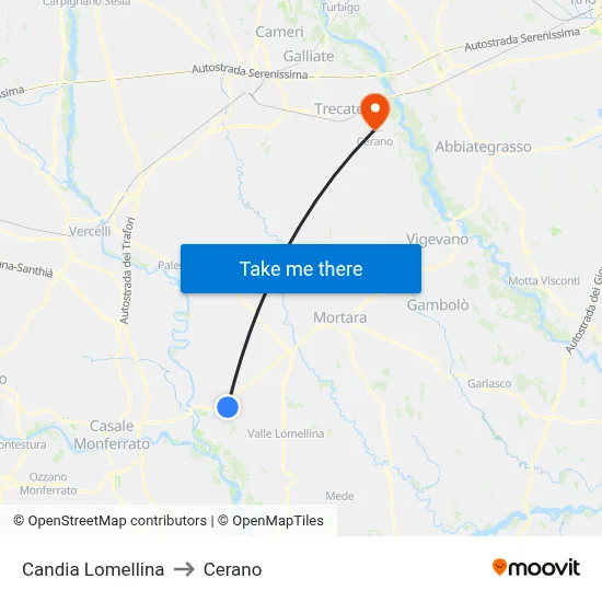 Candia Lomellina to Cerano map