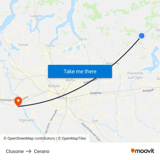Clusone to Cerano map