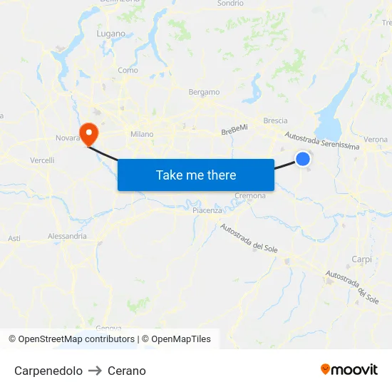 Carpenedolo to Cerano map