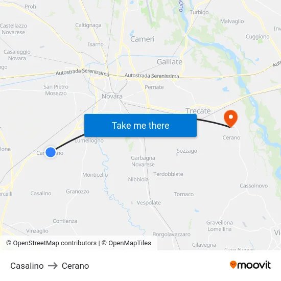 Casalino to Cerano map
