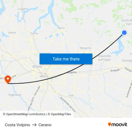 Costa Volpino to Cerano map