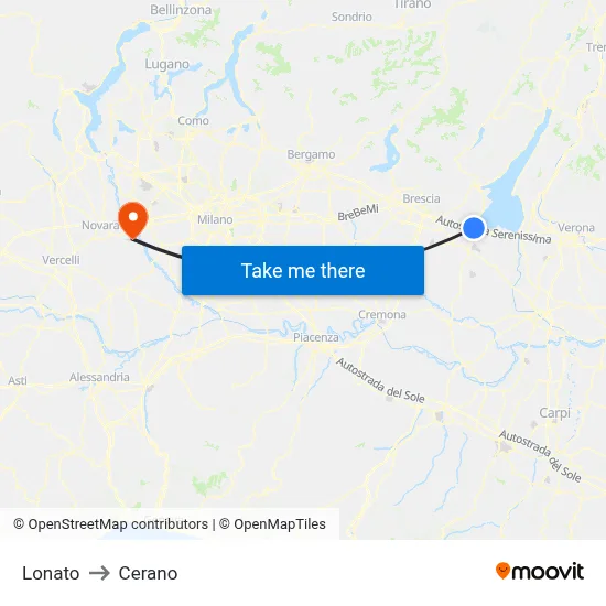 Lonato to Cerano map