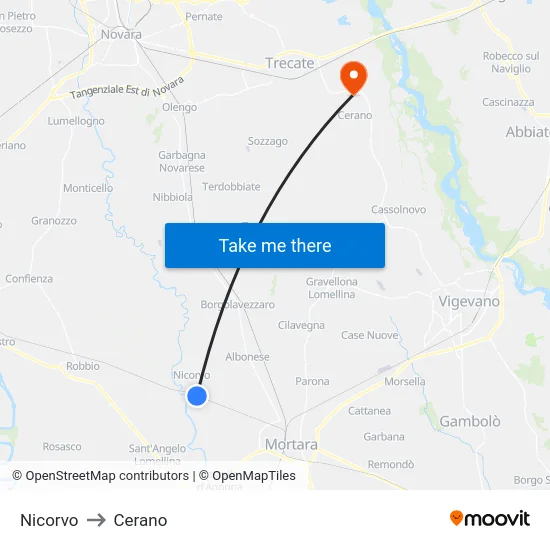 Nicorvo to Cerano map