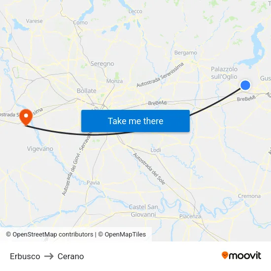 Erbusco to Cerano map