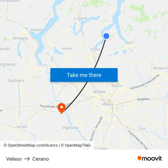 Veleso to Cerano map