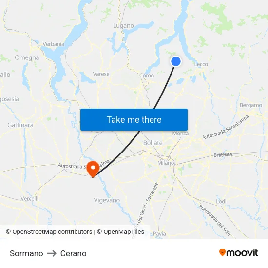 Sormano to Cerano map