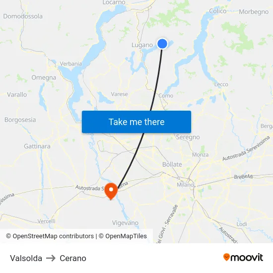 Valsolda to Cerano map