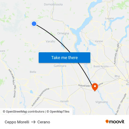 Ceppo Morelli to Cerano map