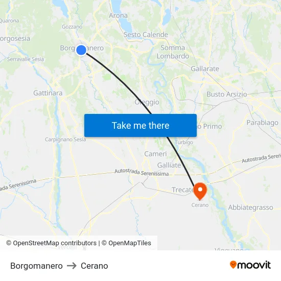 Borgomanero to Cerano map
