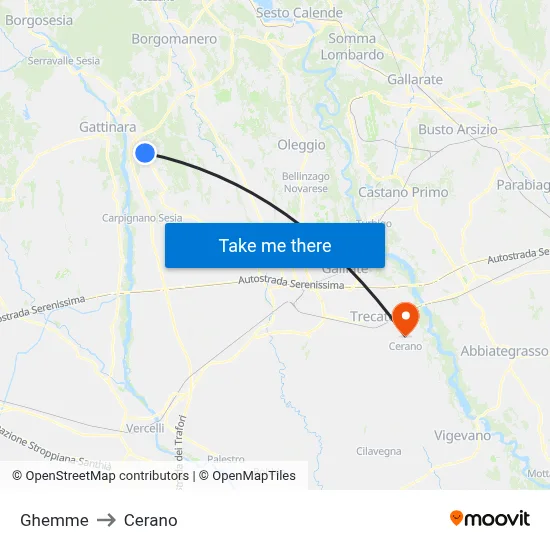 Ghemme to Cerano map