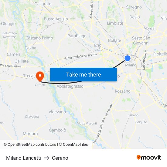 Milano Lancetti to Cerano map