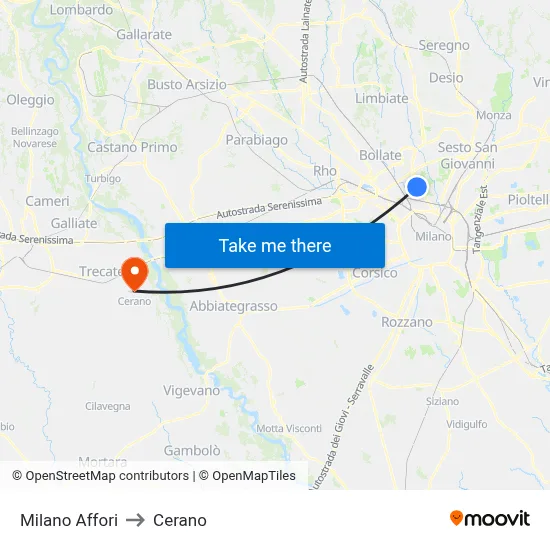 Milano Affori to Cerano map