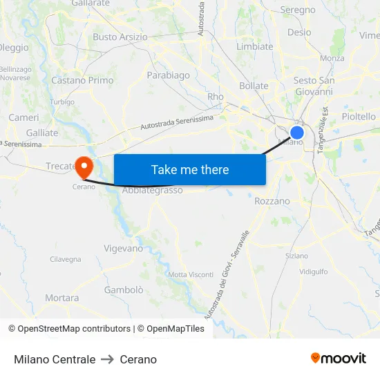 Milan Central to Cerano map