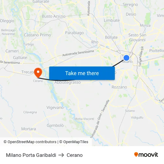 Milano Porta Garibaldi to Cerano map