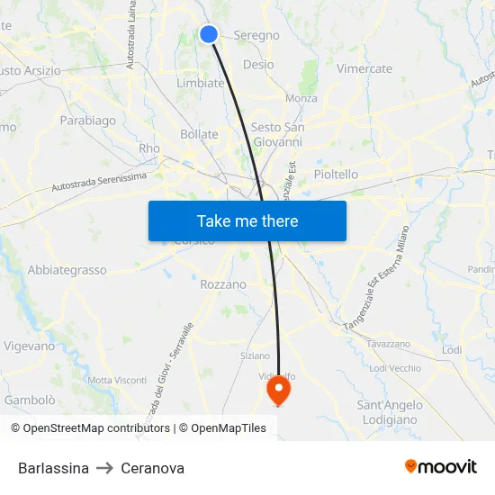 Barlassina to Ceranova map