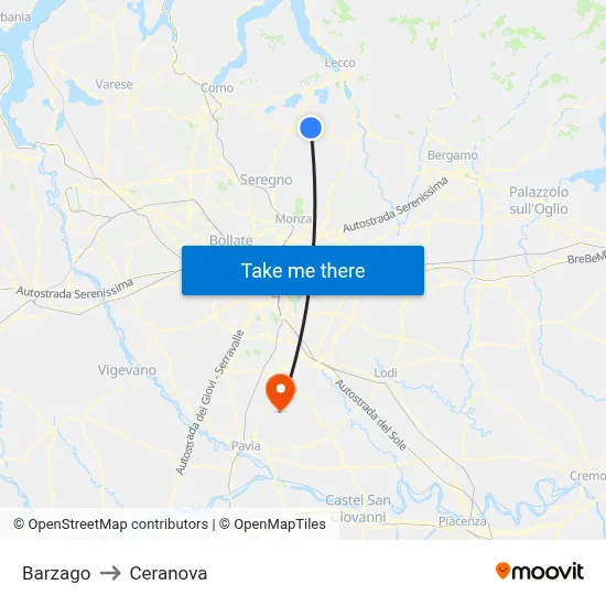 Barzago to Ceranova map