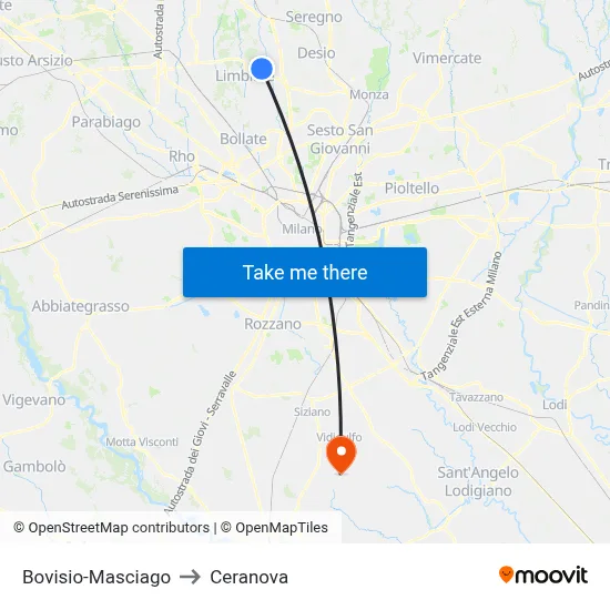 Bovisio-Masciago to Ceranova map