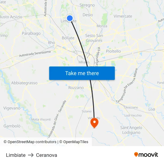 Limbiate to Ceranova map