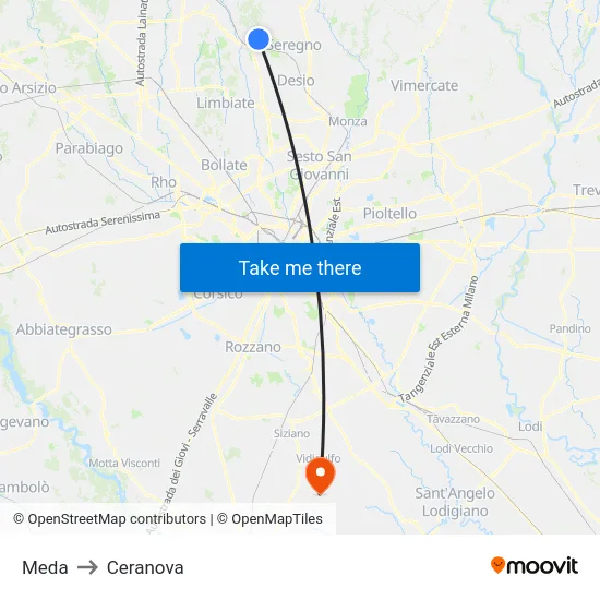 Meda to Ceranova map