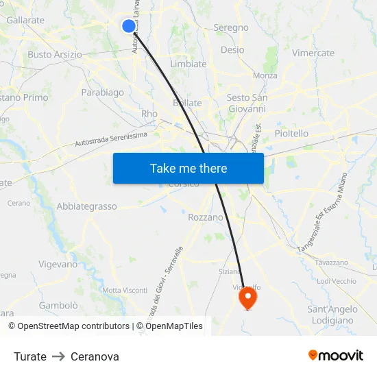 Turate to Ceranova map