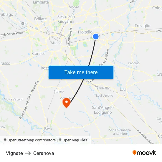 Vignate to Ceranova map