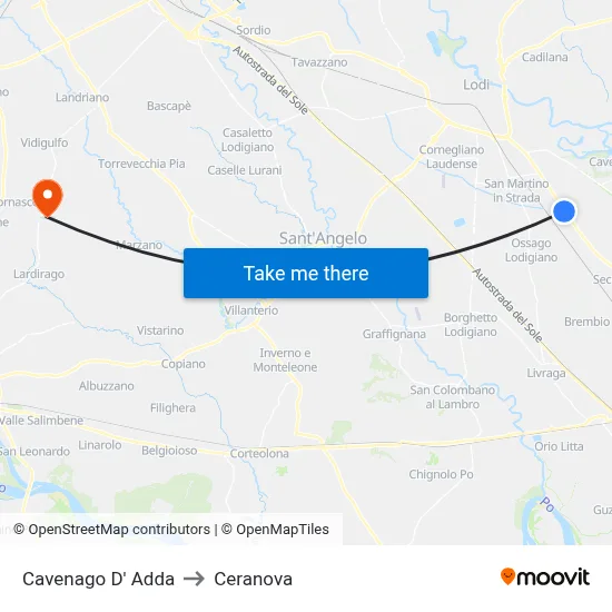 Cavenago D' Adda to Ceranova map
