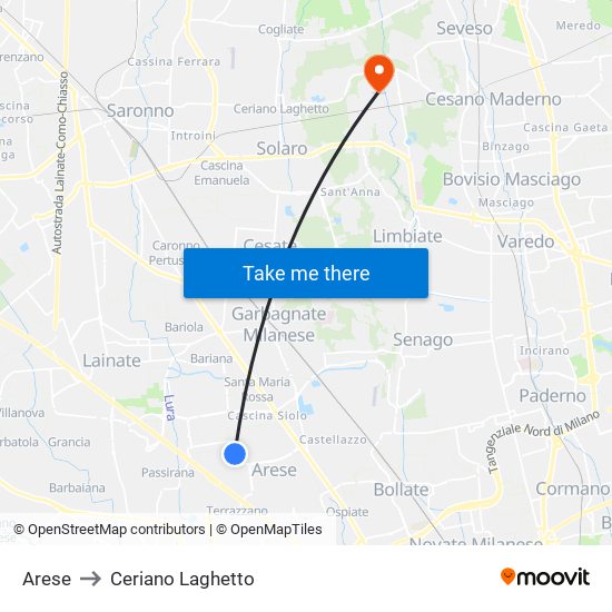 Arese to Ceriano Laghetto map