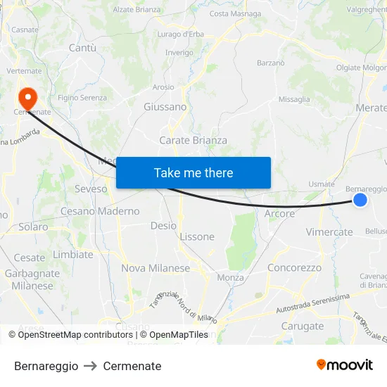 Bernareggio to Cermenate map