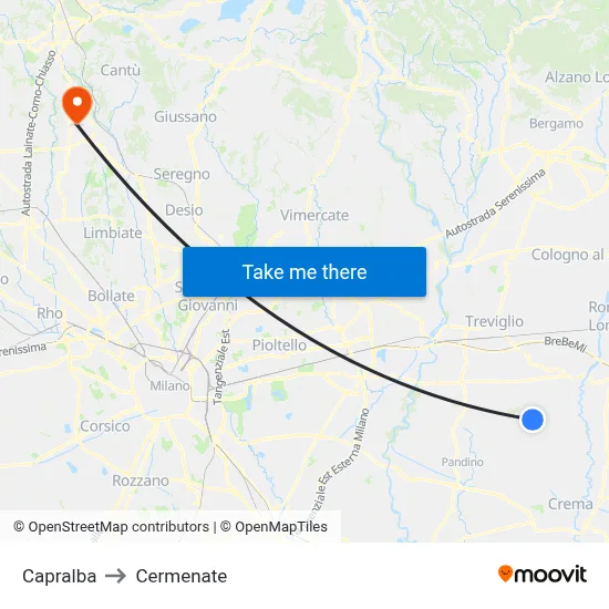 Capralba to Cermenate map