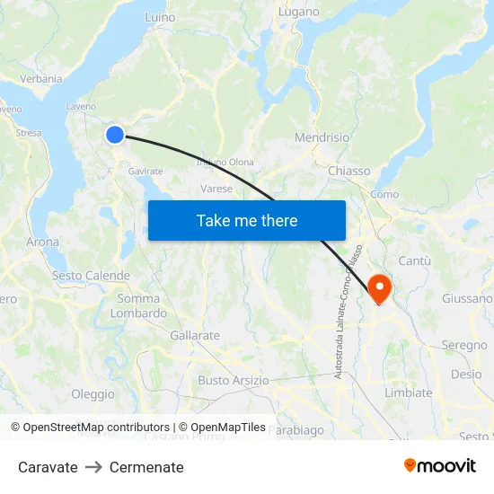 Caravate to Cermenate map