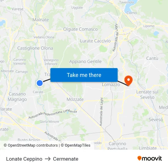 Lonate Ceppino to Cermenate map