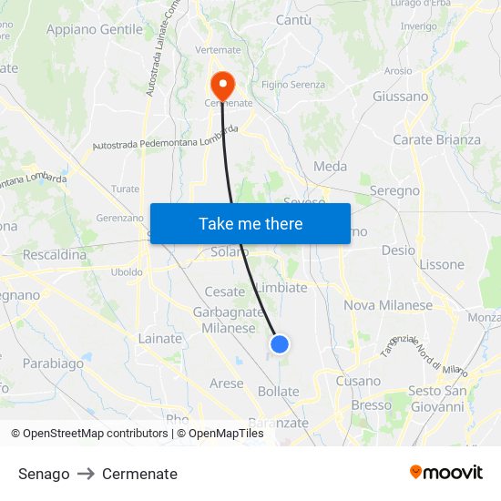 Senago to Cermenate map