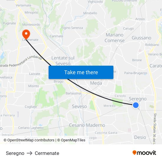 Seregno to Cermenate map