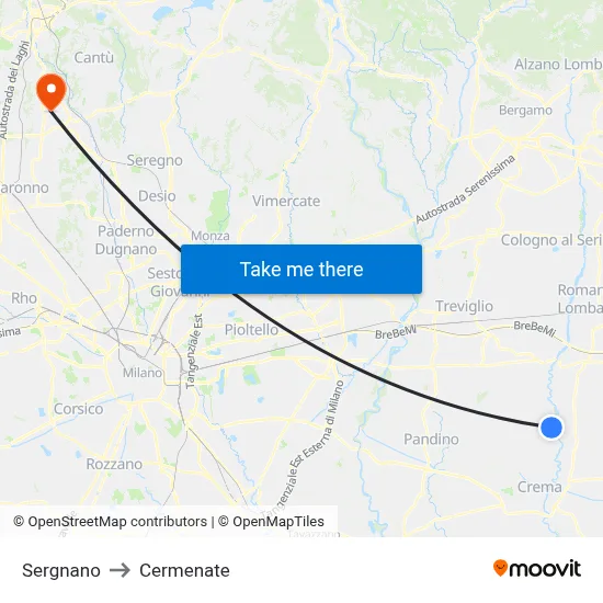 Sergnano to Cermenate map