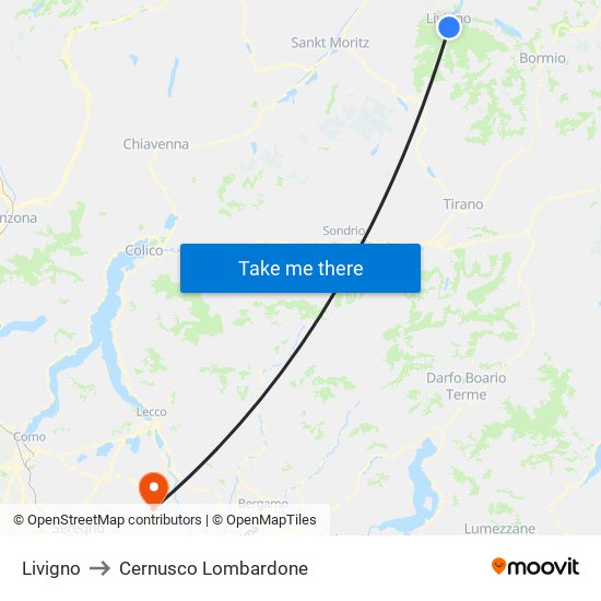 Livigno to Cernusco Lombardone map