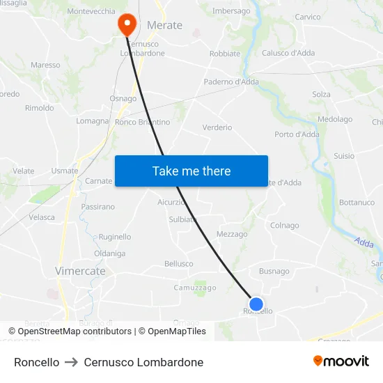 Roncello to Cernusco Lombardone map