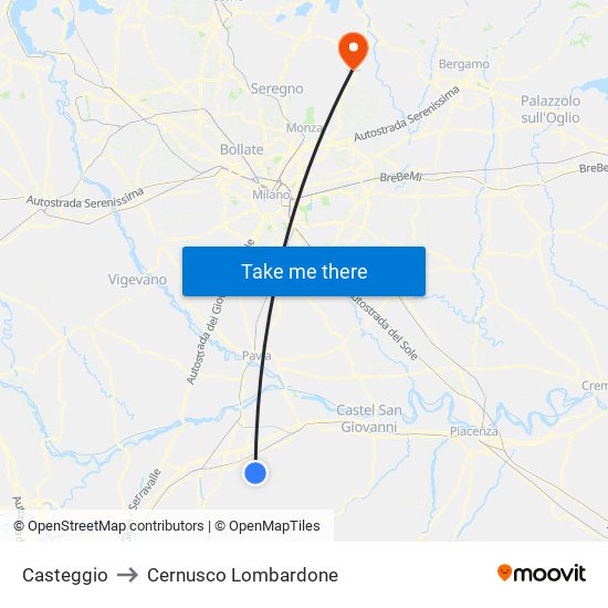 Casteggio to Cernusco Lombardone map
