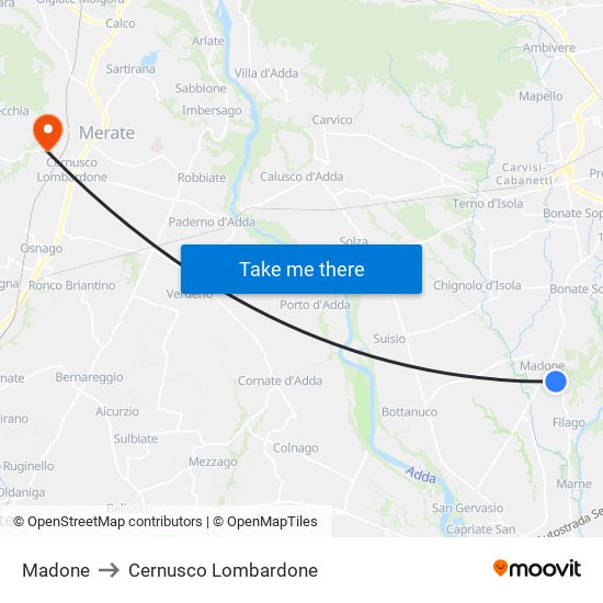 Madone to Cernusco Lombardone map