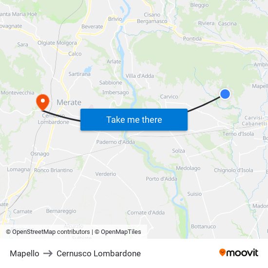 Mapello to Cernusco Lombardone map