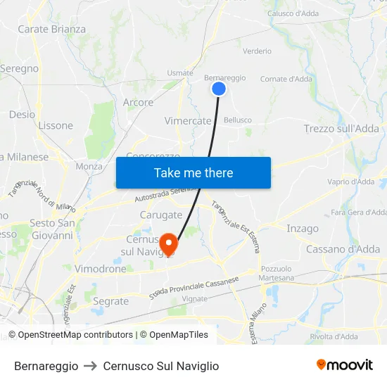 Bernareggio to Cernusco Sul Naviglio map