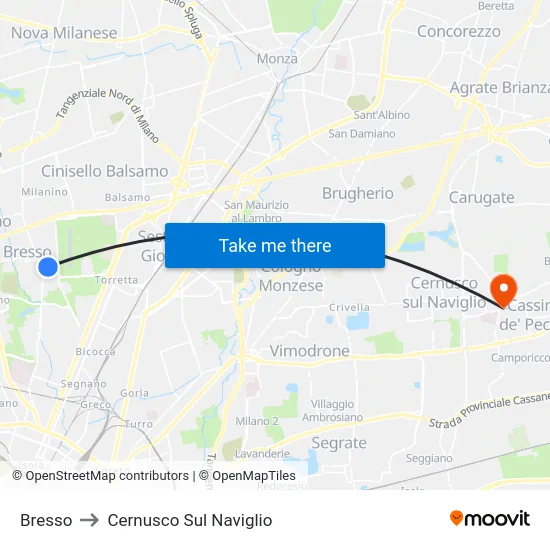 Bresso to Cernusco Sul Naviglio map